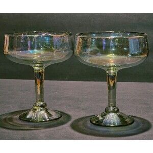 Iridescent Hand Blown Art Glass Coupe Margarita Glasses Set of 2 MX Mexico